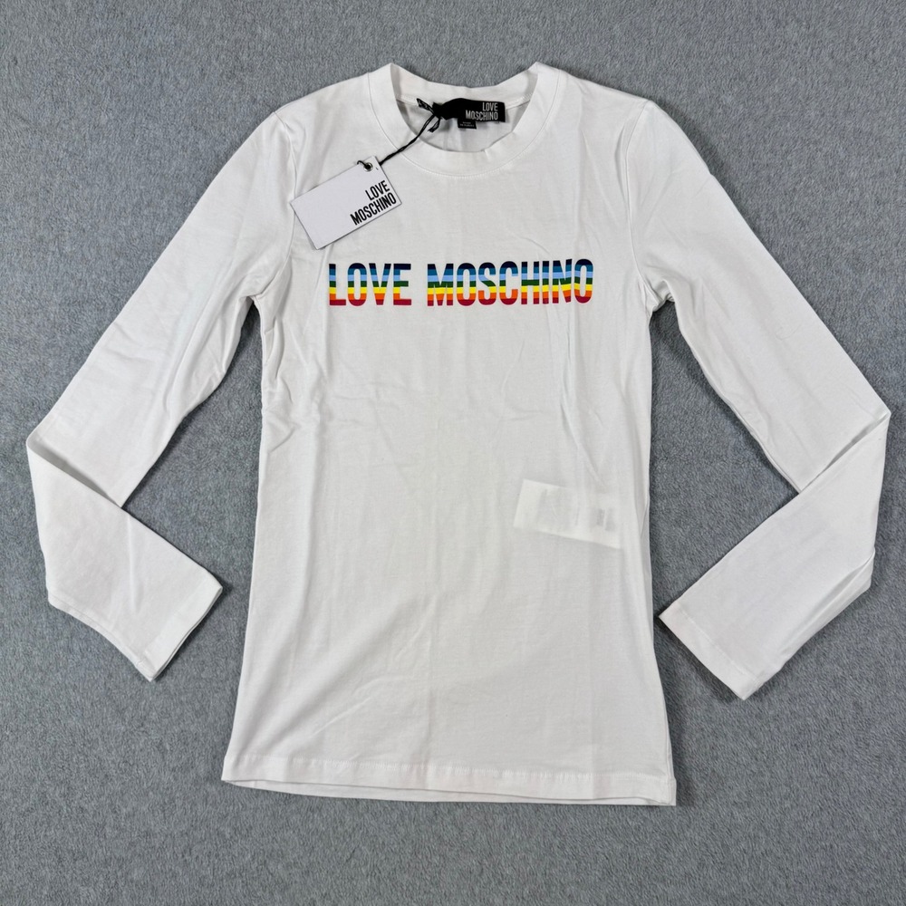 Y2K Love‎ Moschino T-Shirt Women White Rainbow Logo Long Sleeve Top Size 2